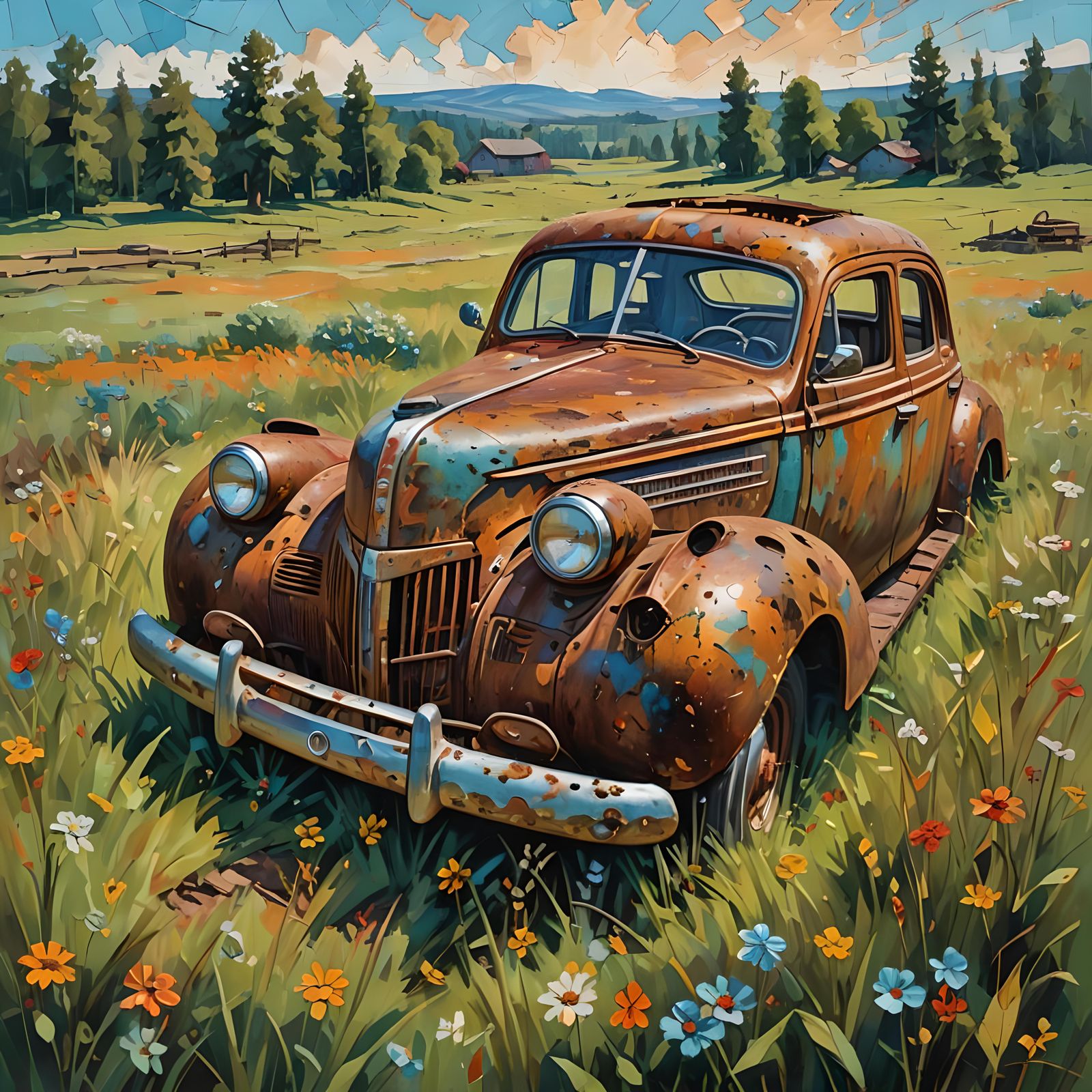 Rusted 1940s Car in Meadow: Oil Painting