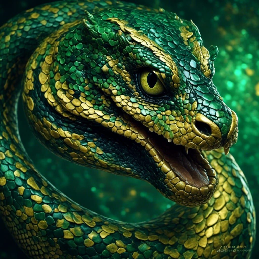 Emerald Snake with Golden Eyes: Fantasy Illustration