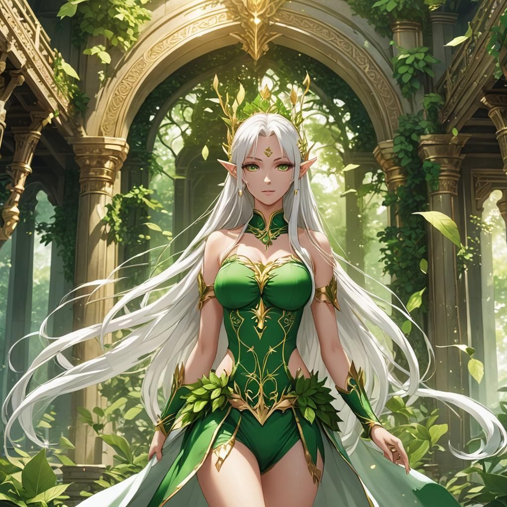 Green Bikini Elf Queen in Golden Palace, Anime Style