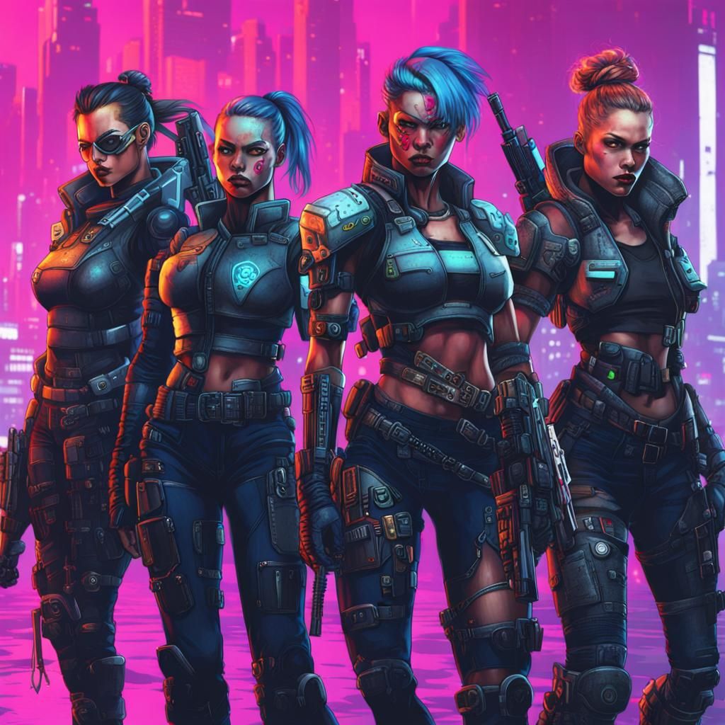 Cyberpunk Women Warriors in a Futuristic Cityscape