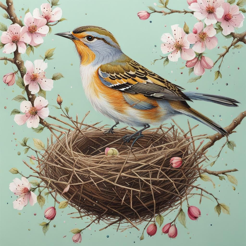 Bird Nesting in Blossoms: Intricate Detailed Art