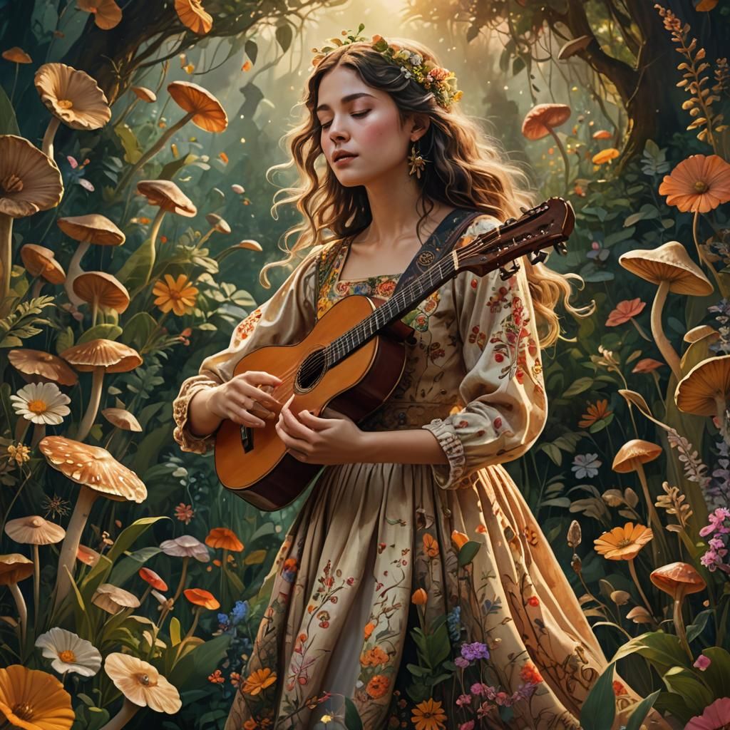 Enchanting Singer in Lush Fantasy Garden: Matte Painting