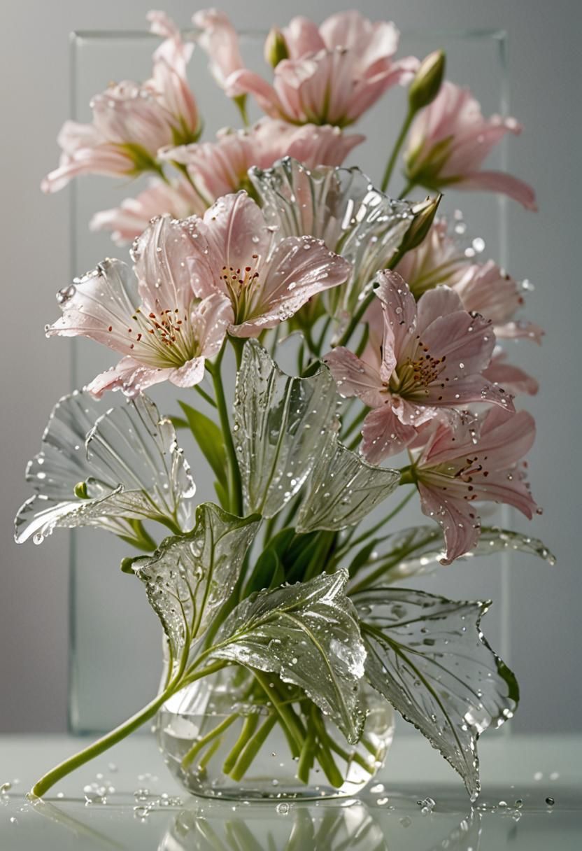 Hyperrealistic Floral Still Life with Sparkling Glass