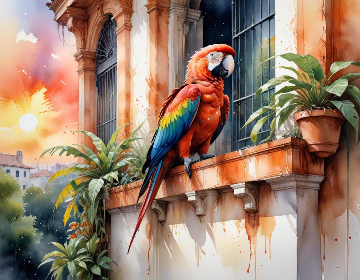 Sunset Hacienda with Macaw in Watercolour Style