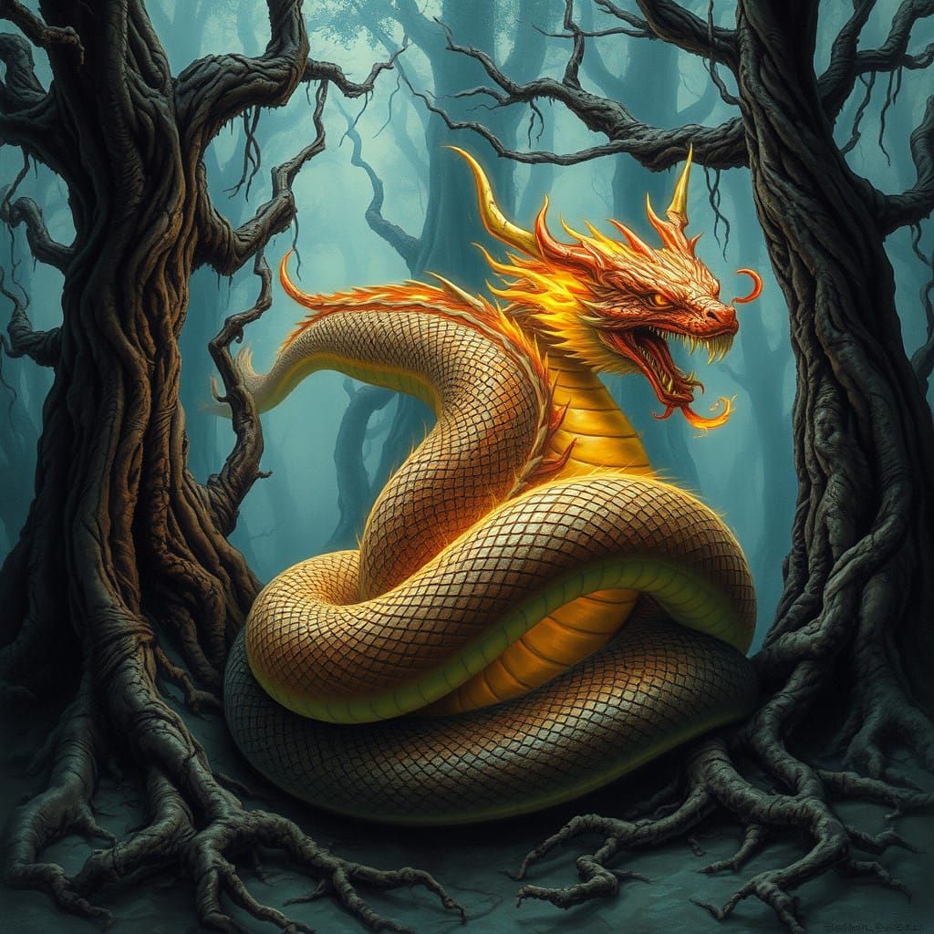 Snake Entwines Fiery Dragon in Ancient Mystic Landscape