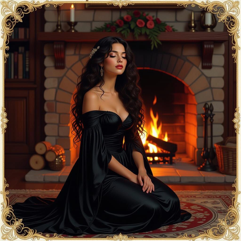 Woman in Flowing Gown by Fireplace, Art Nouveau Style