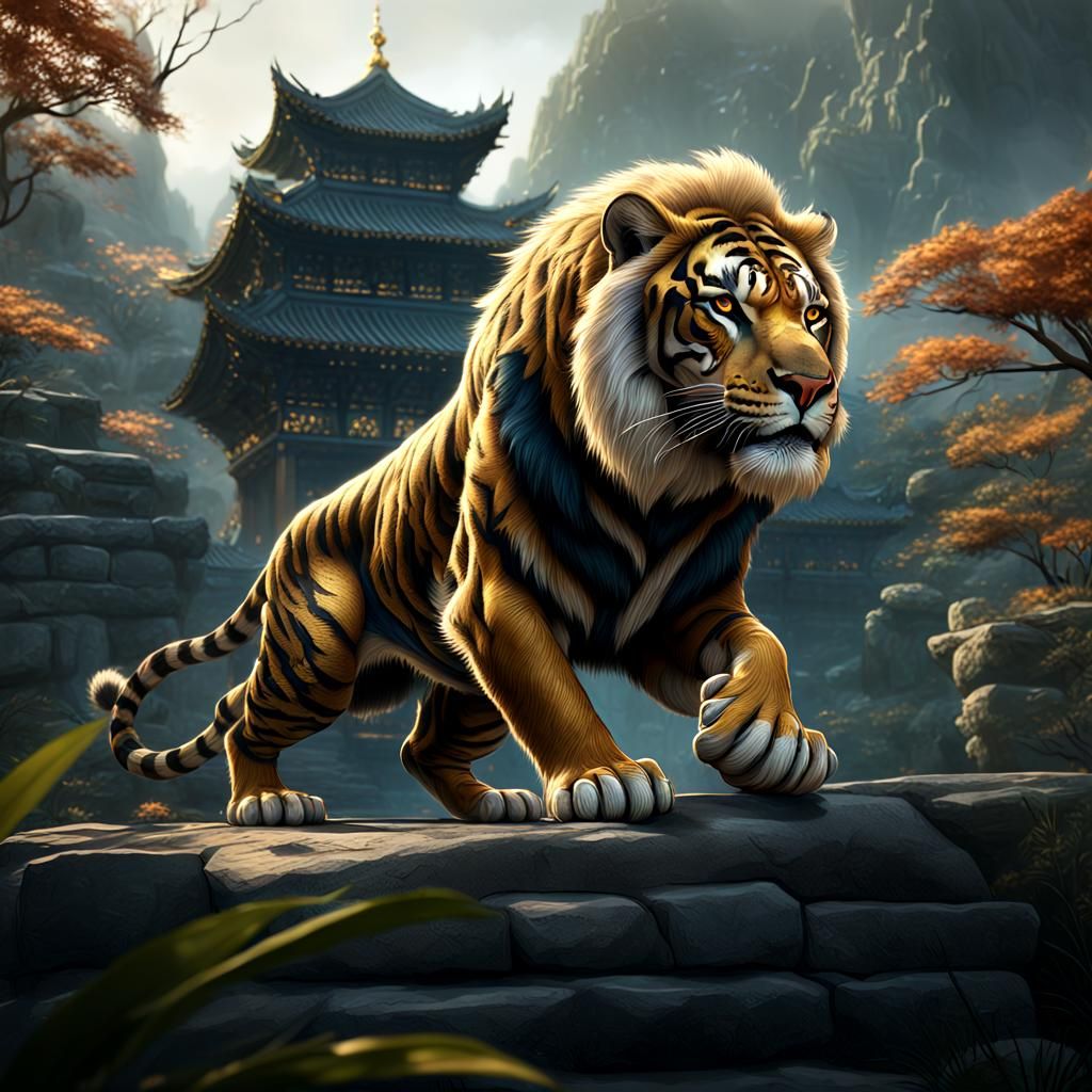 Crouching Tiger Lion Hyena Hybrid: Detailed Matte Painting
