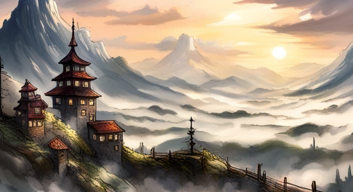 Sunrise over Mountain Town in Rackham Style