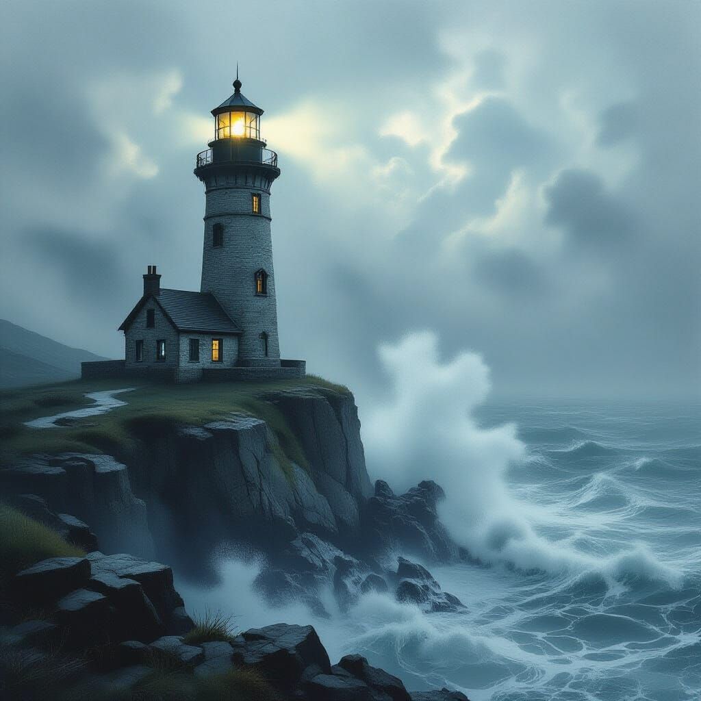 Haunted Lighthouse on Jagged Cliff in Charcoal Style