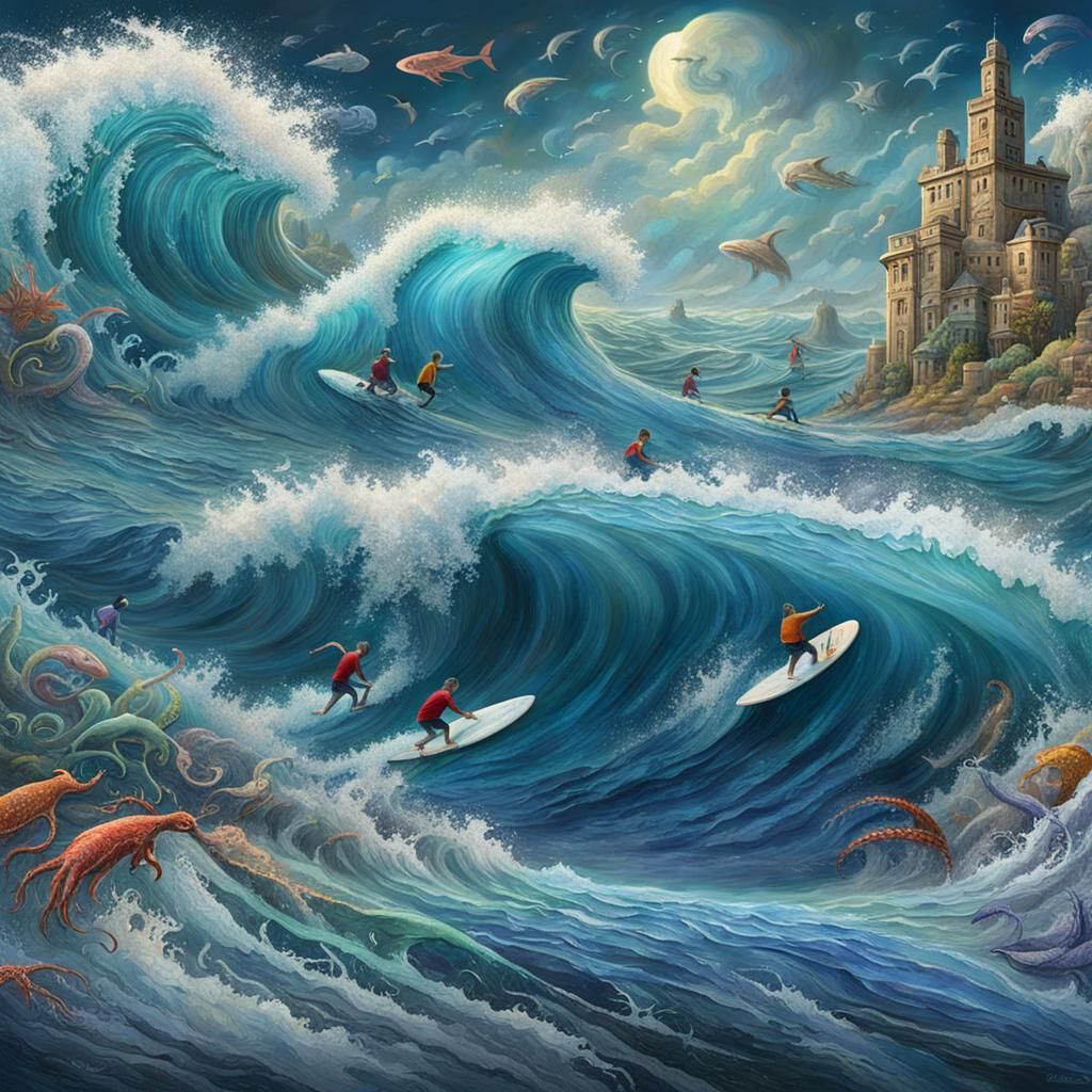 Dynamic Chalk Mural of Ocean Waves