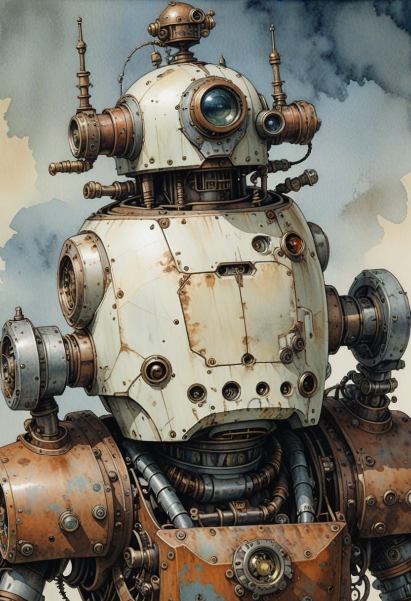 Steampunk Robot in Watercolor Style