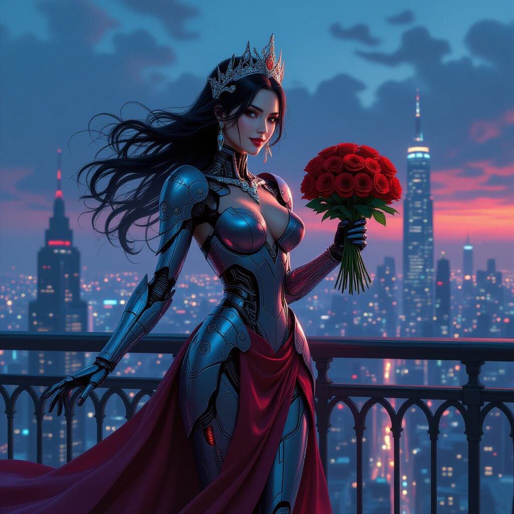 Cyborg Queen Overlooking Neon Metropolis in Art Nouveau Styl...