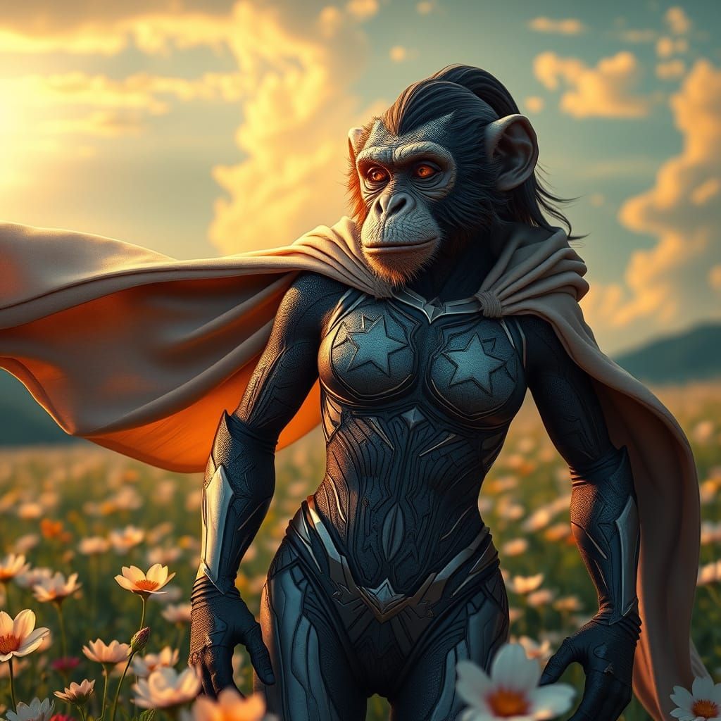 A statuesque, hyper-realistic monkey superheroine, draped in a flowing, rippling cape with soft, fabric-like folds and d...