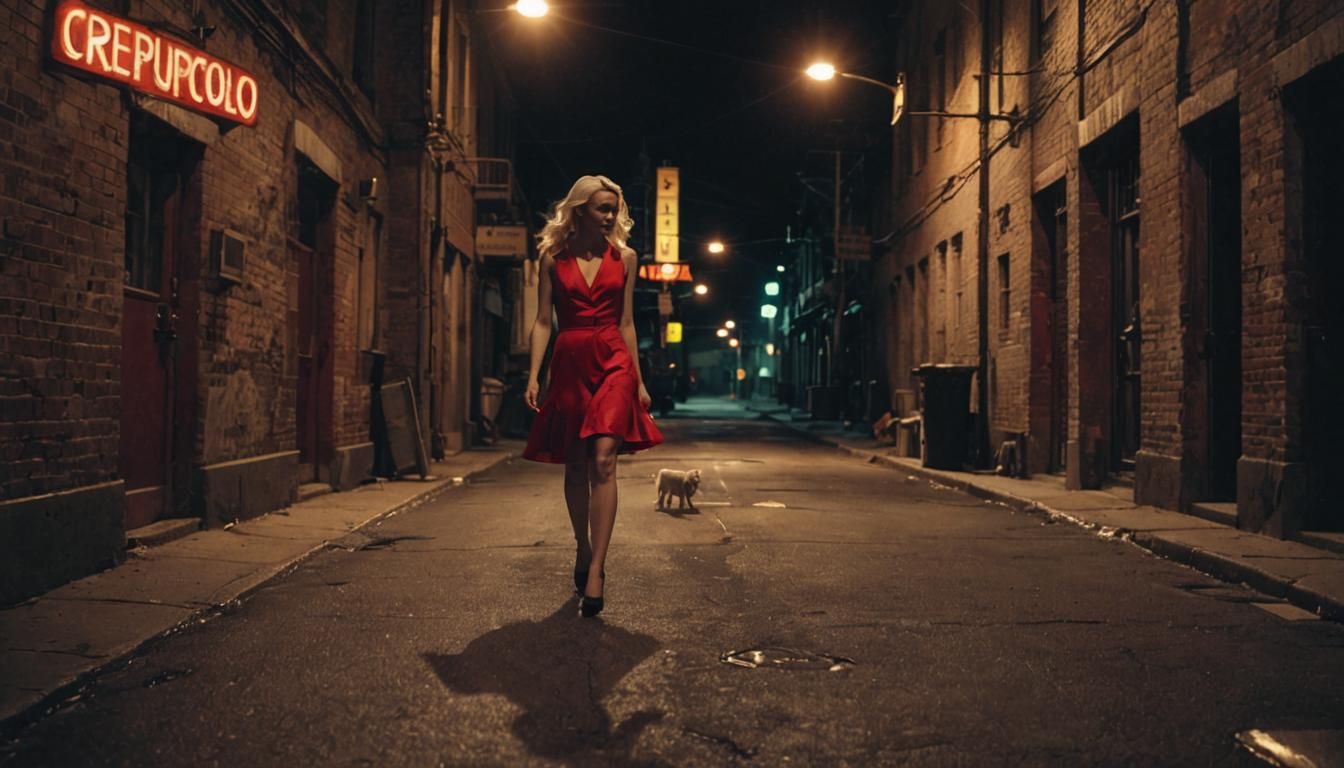 Lonely Girl in Red: Film Noir Street Scene