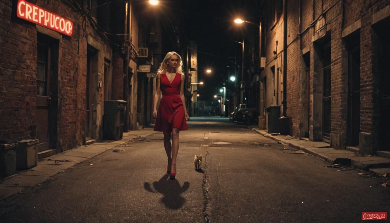 Lonely Blonde Girl Walks Down Desolate Industrial Street at...