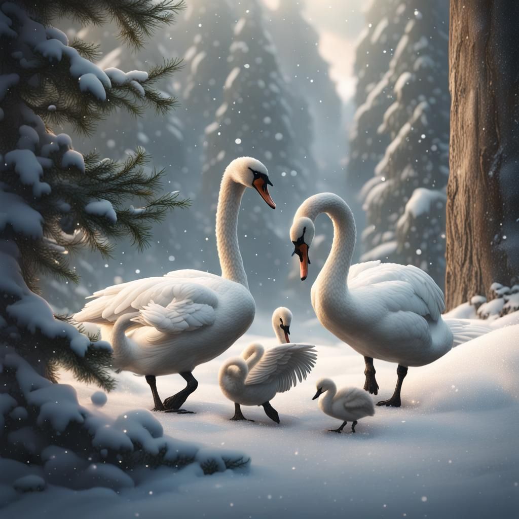 Swan Family Decorates Winter Pine: Detailed Matte Painting