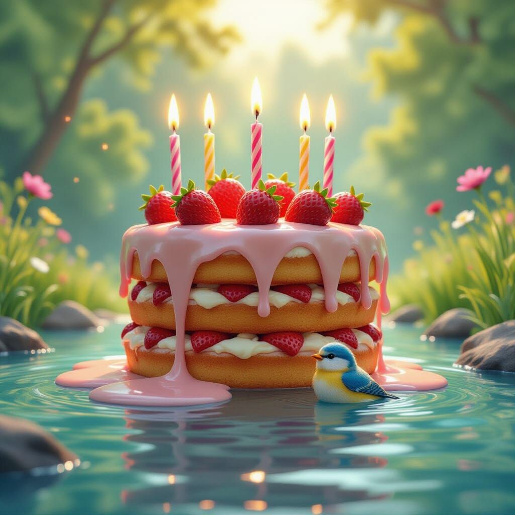 Melting Strawberry Cake in a Creek: Splash Art