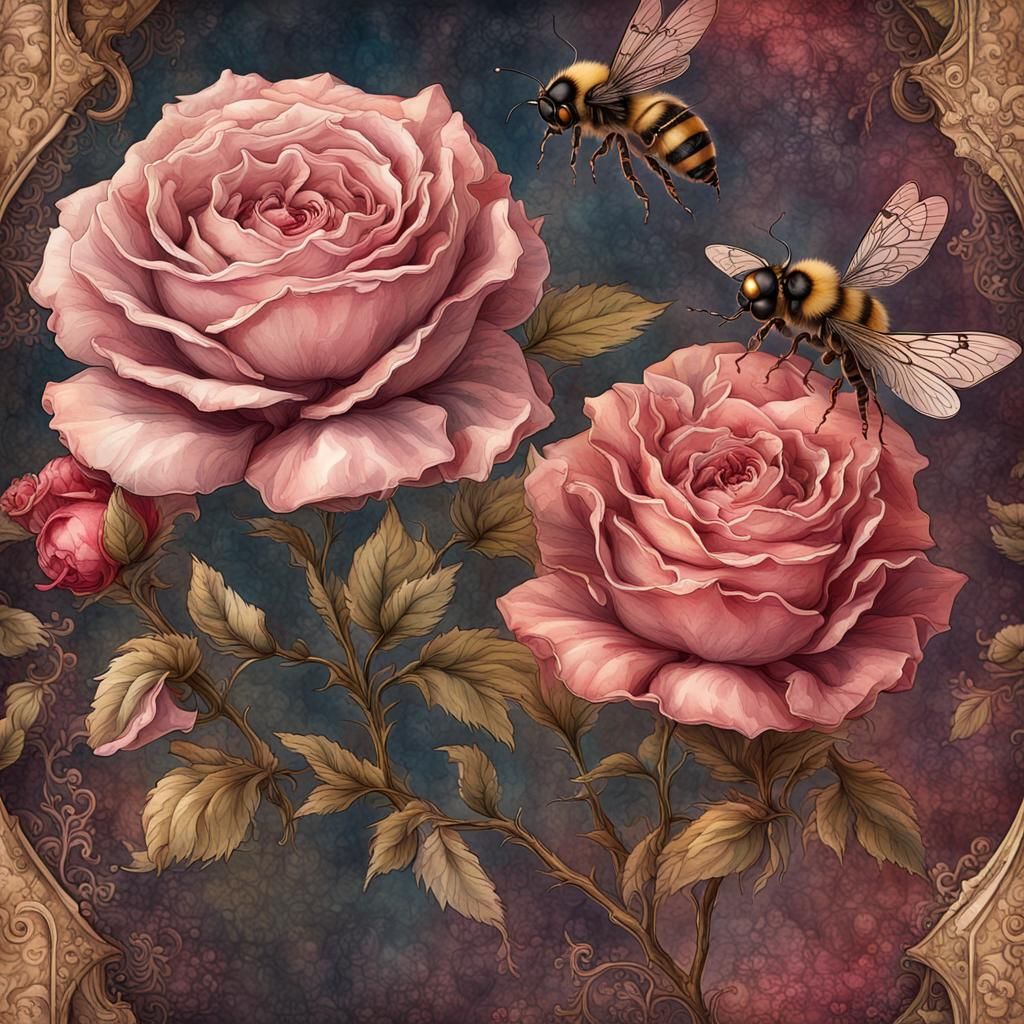 Vintage Roses and Bees Steampunk Cosmic Art
