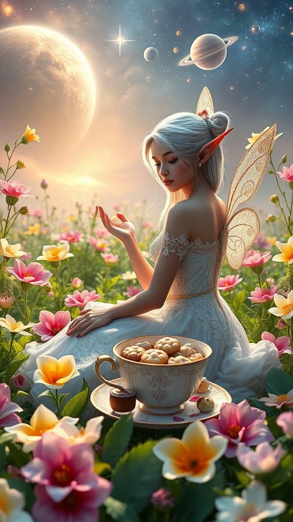 Universe, sky, pink clouds, gas swirls, Flowers, trees, leav...