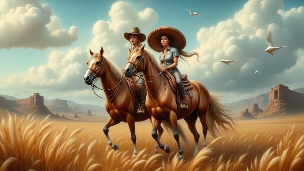 Happy Horses in Whimsical Watercolor Landscape