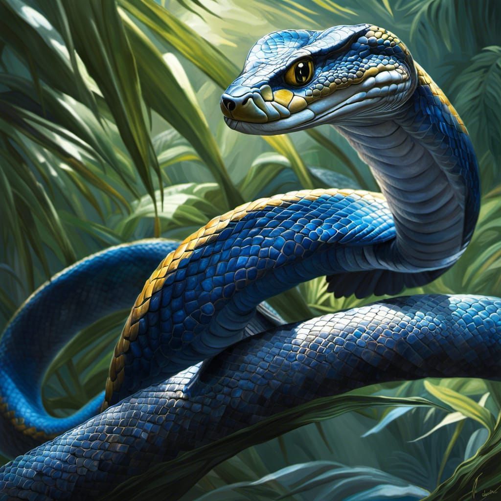 Blue King Cobra with Crown: Digital Illustration