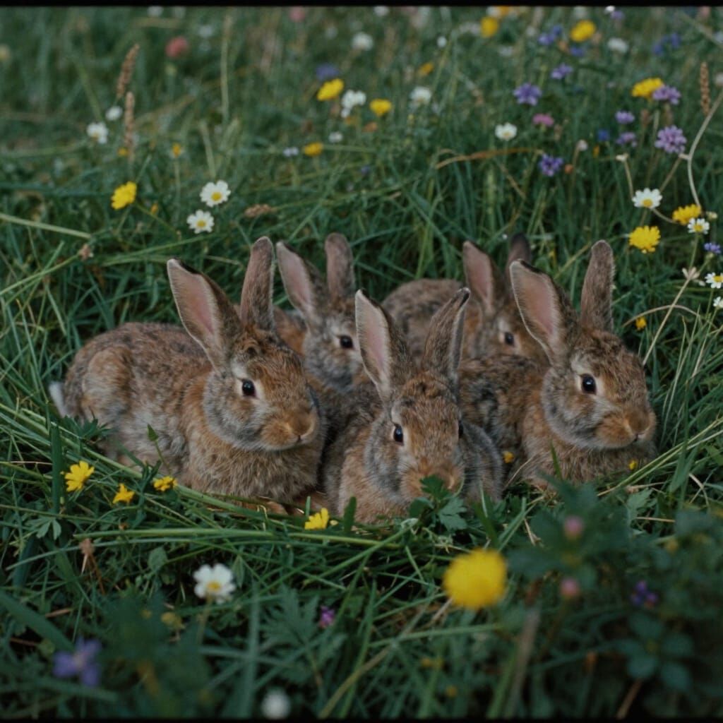 Baby Bunnies in Wildflowers Cinematic Film Still