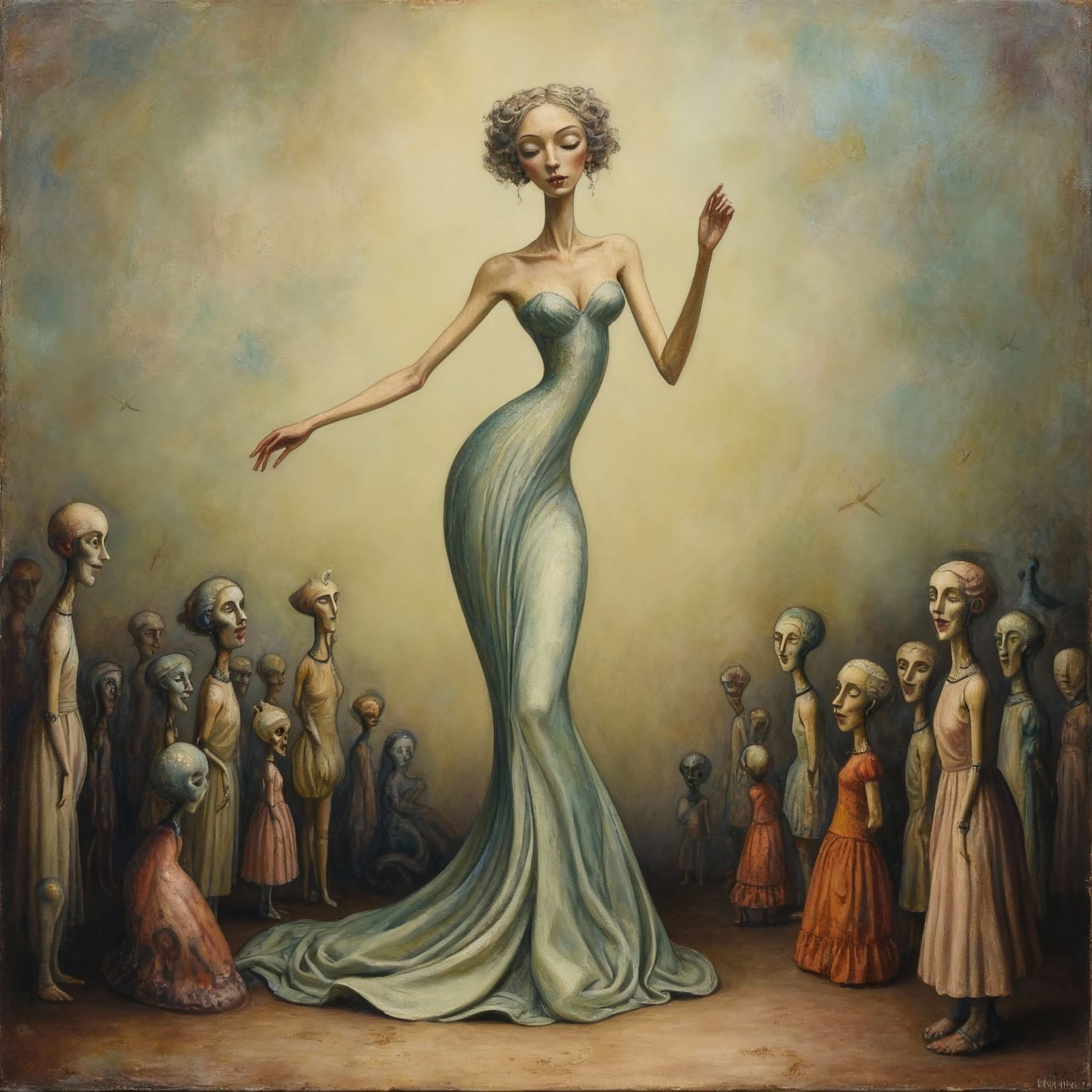 Surreal Soprano Performance with Strange Audience, Oil Paint...