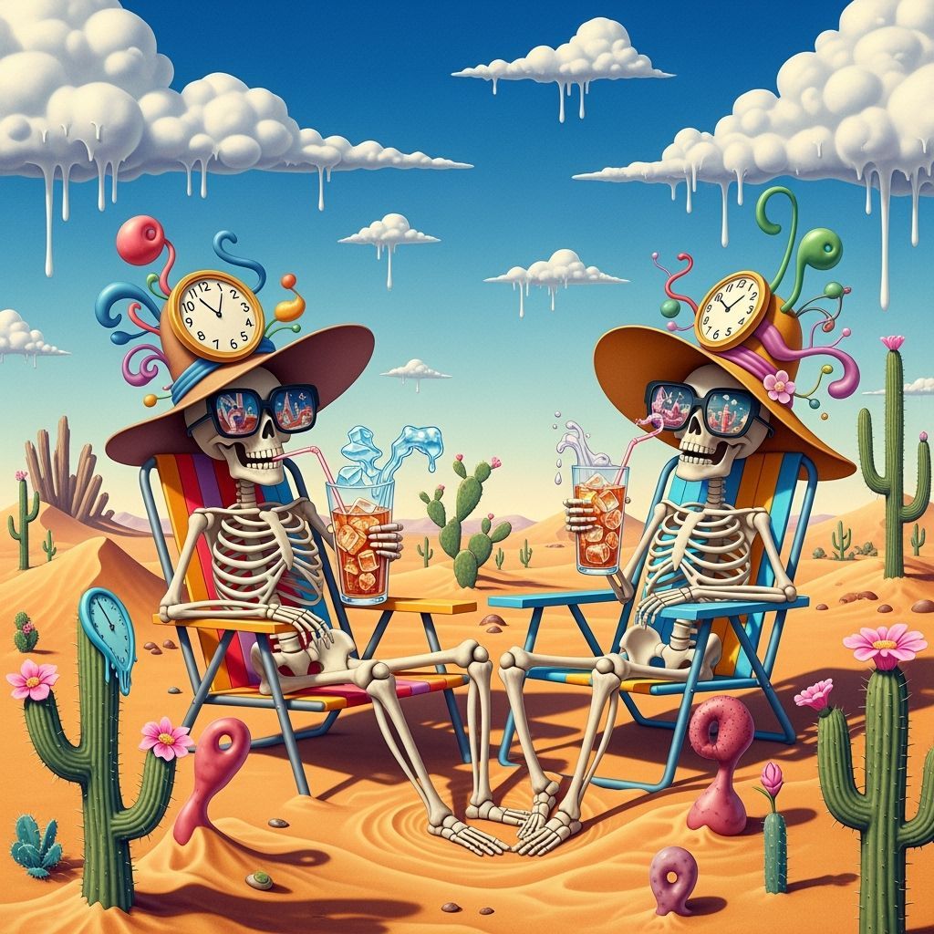 Skeletons Enjoying Iced Tea in Desert Landscape