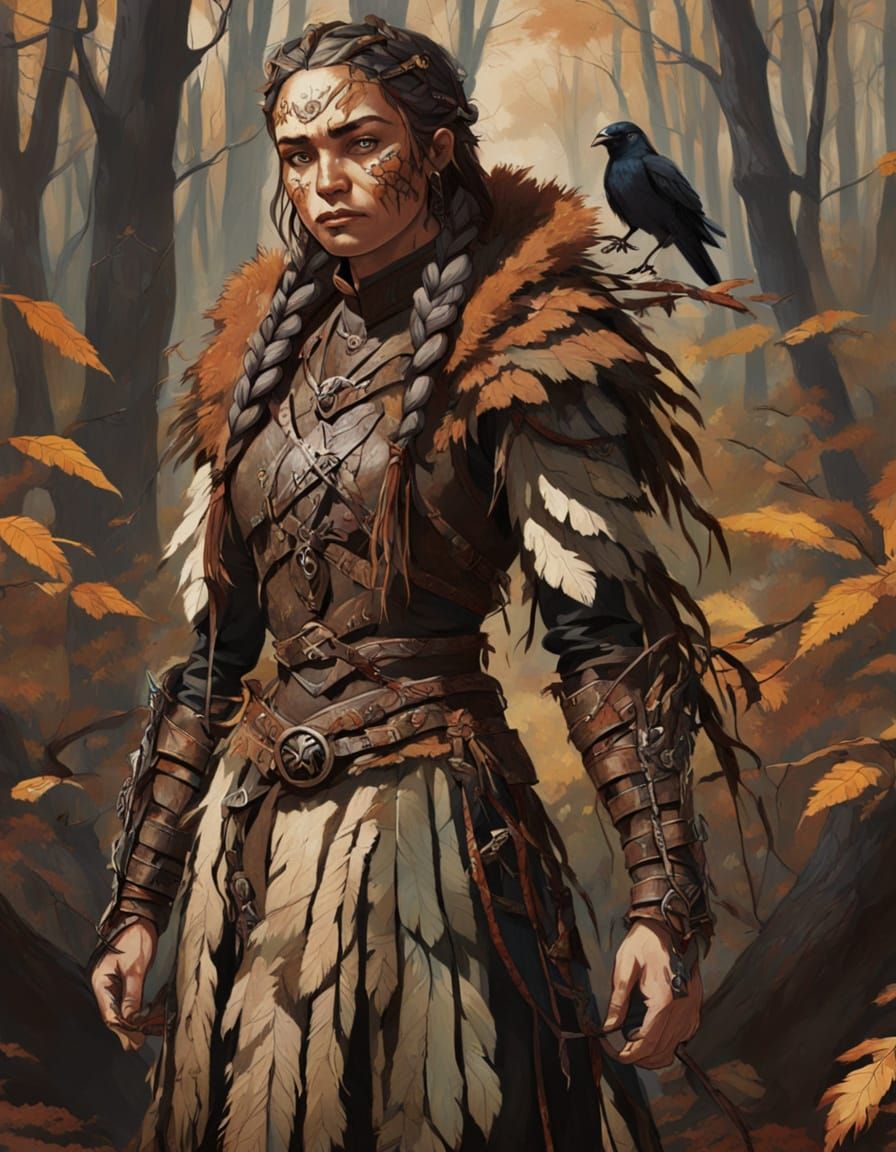 Female Druid in Autumn Forest, Frank Frazetta Style