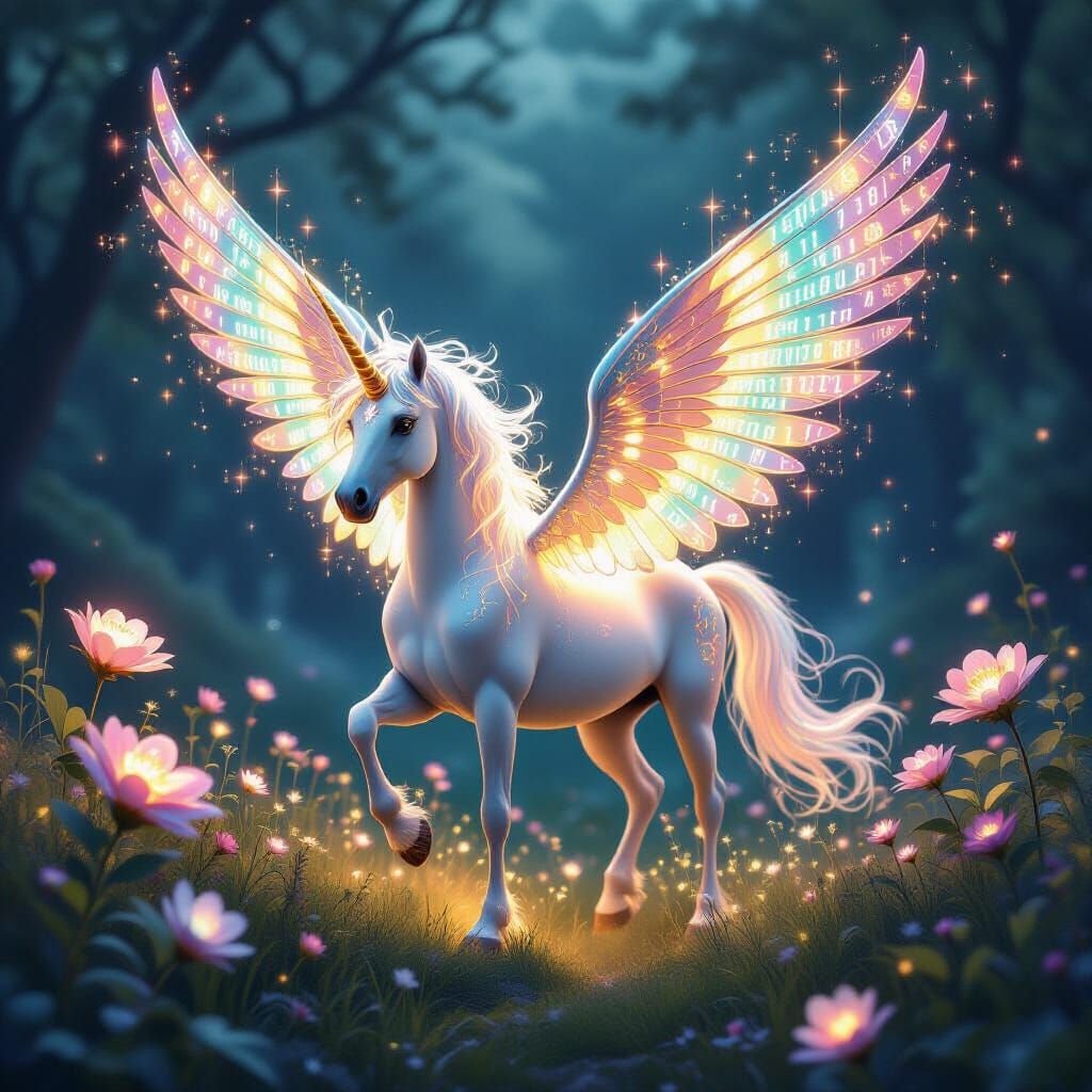 Enchanted Unicorn in Binary Meadow, Josephine Wall Style