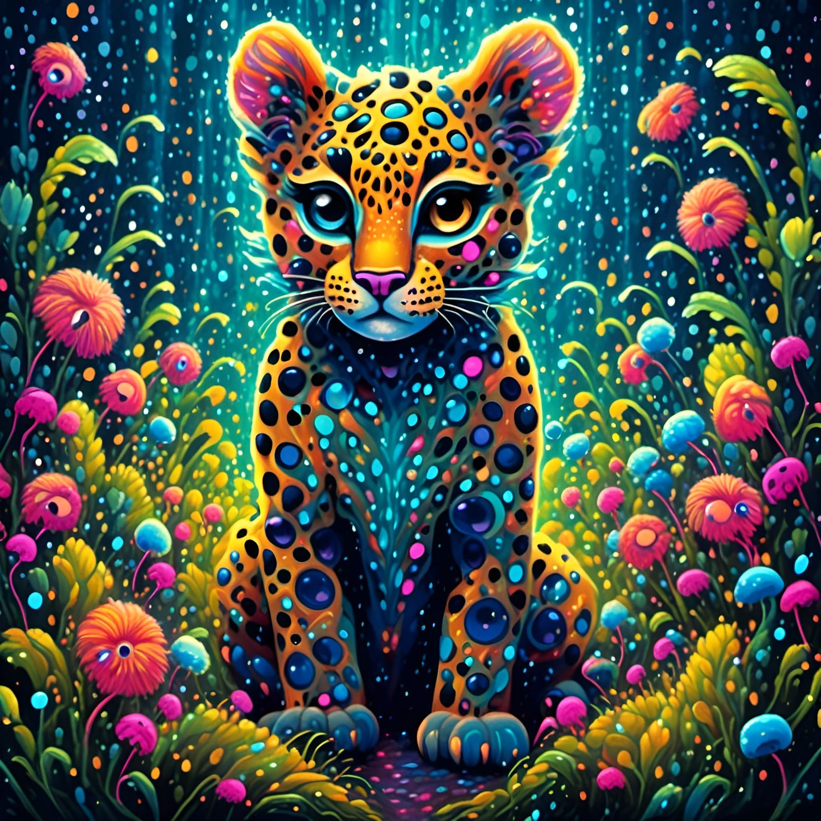 Cute Anthropomorphic Leopards in Bioluminescent Forest