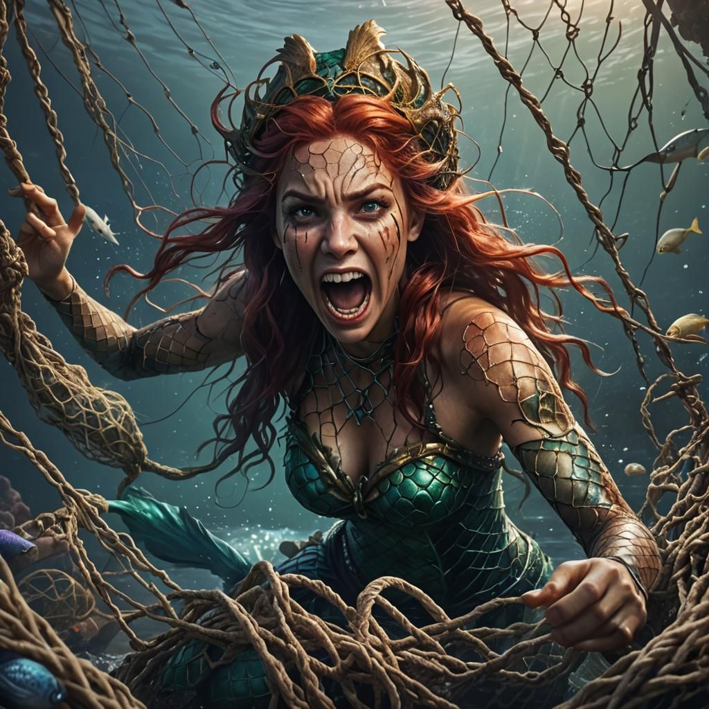 A Mermaid caught by humans in a fishing net, she is screamin...