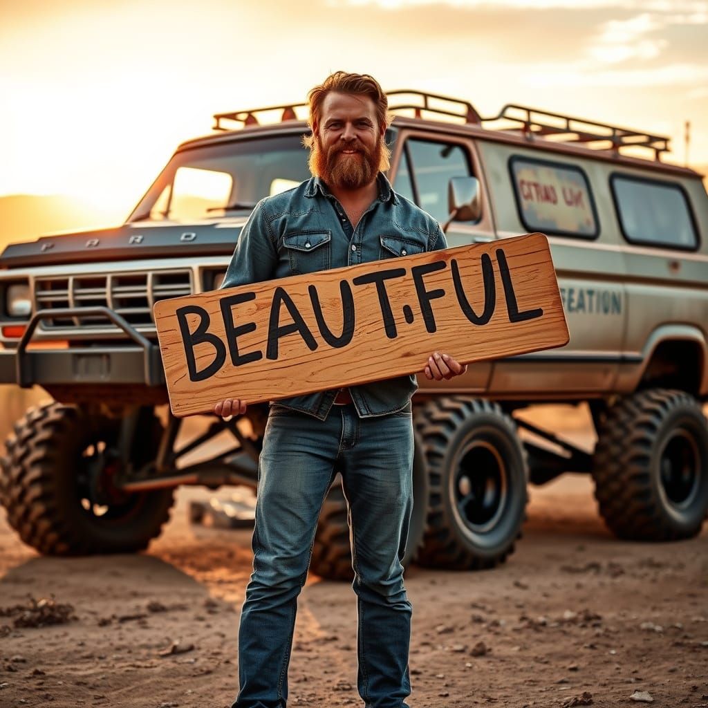 Rugged Adventurer Standing Proud with Custom Van in Golden S...