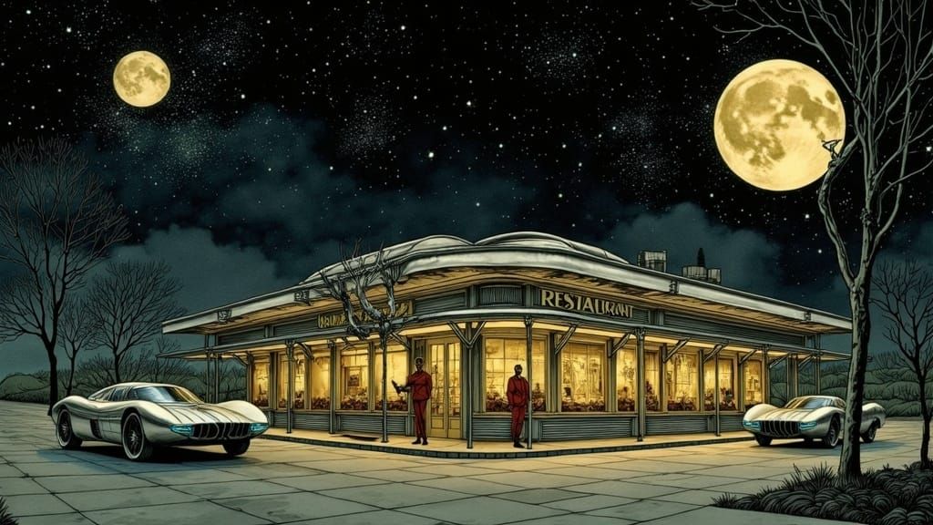 Futuristic Art Deco Restaurant Under a Double Moon