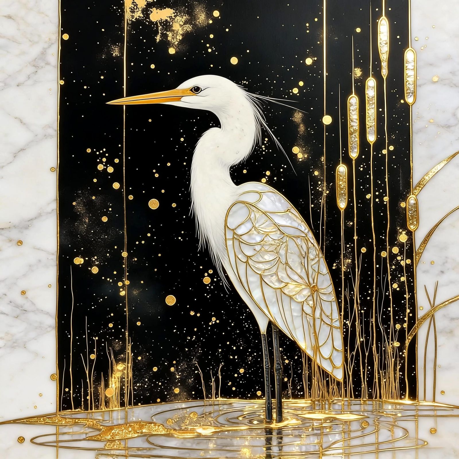 Elegant Egret in Black and Gold Stained Glass Style