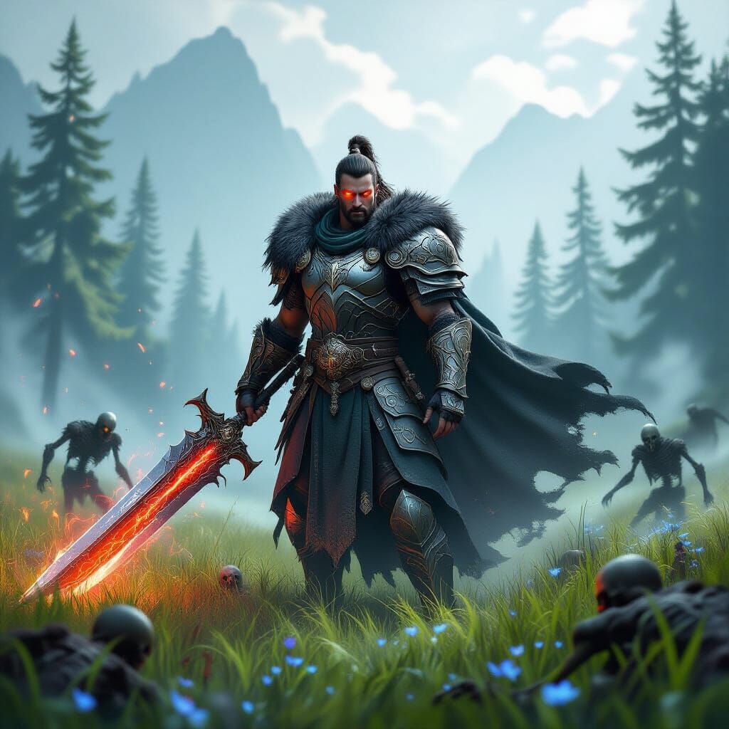 Warrior Fights Monsters in Mystical Meadow