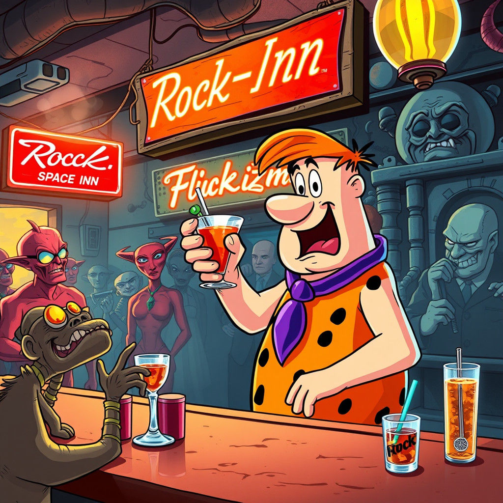 Fred Flintstone Bartender in Retro-Futuristic Space Cantina