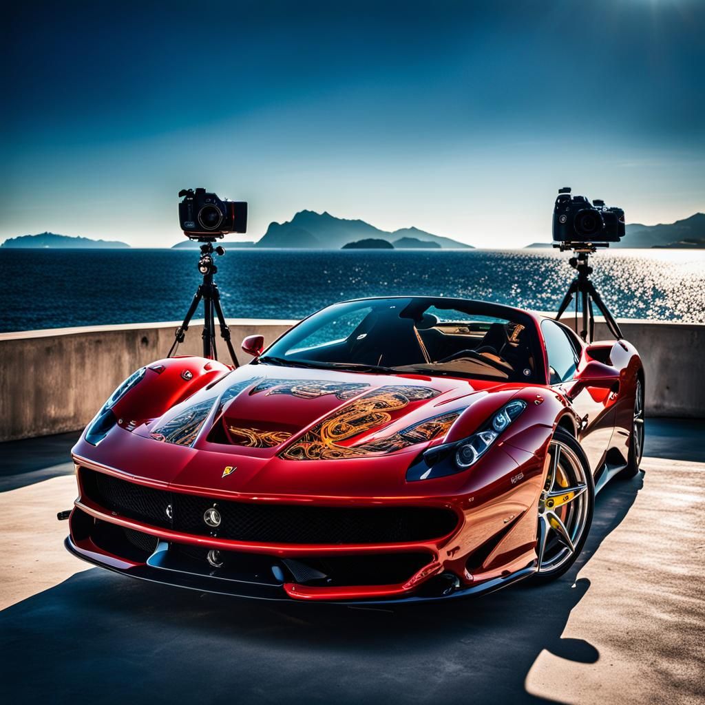 Red Ferrari and Sailing Ship in Surreal Digital Art