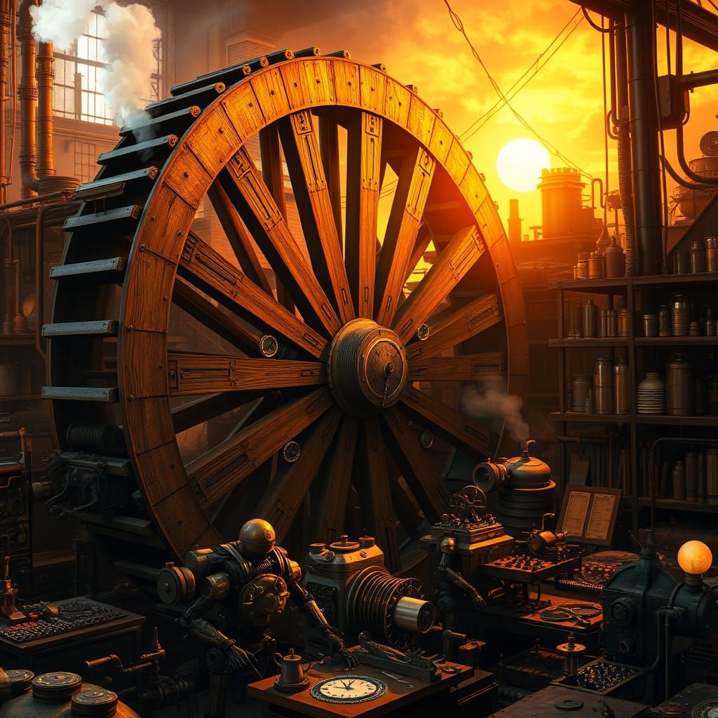 Steampunk Waterwheel in Industrial Metropolis