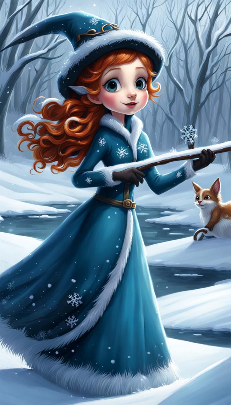 Whimsical Winter Witch in Snowy Riverscape