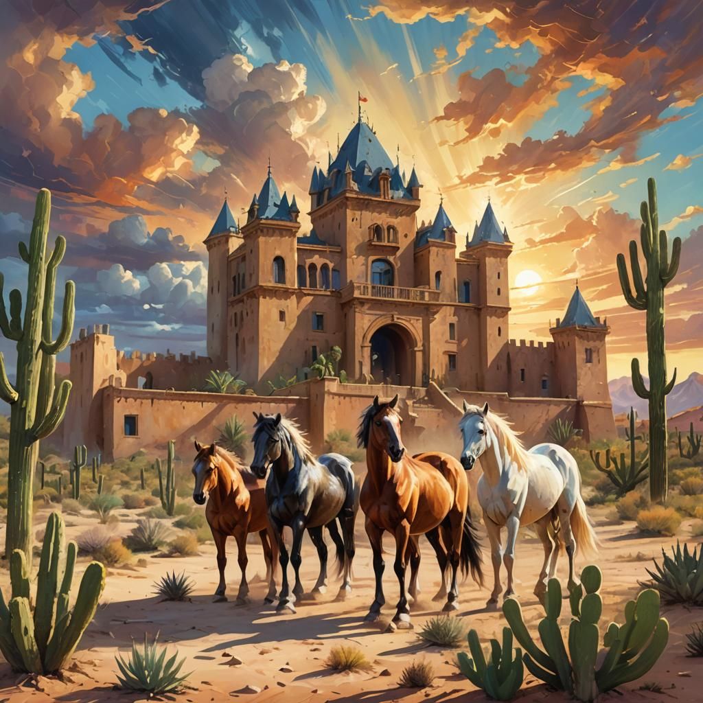Desert Chateau with Horses in Impressionistic Style