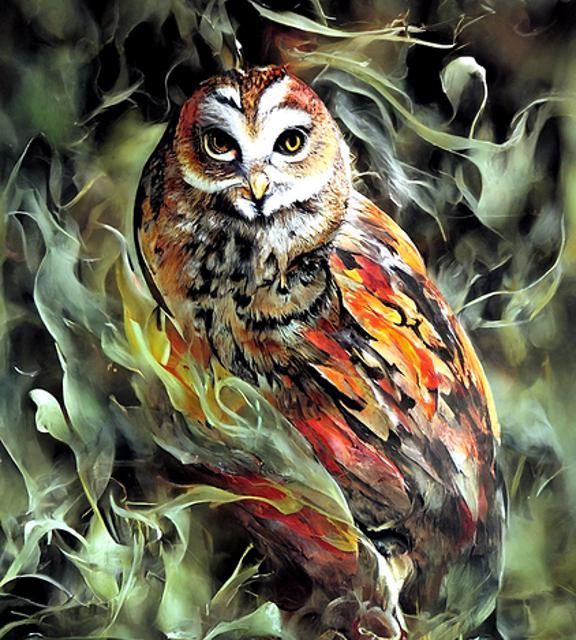 Watercolor Owl Guardian in Burning Forest
