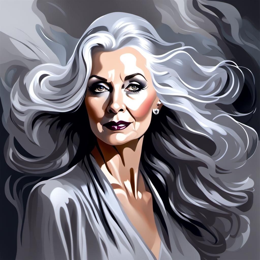 Monochromatic Portrait of a Grey-Haired Woman in Oils