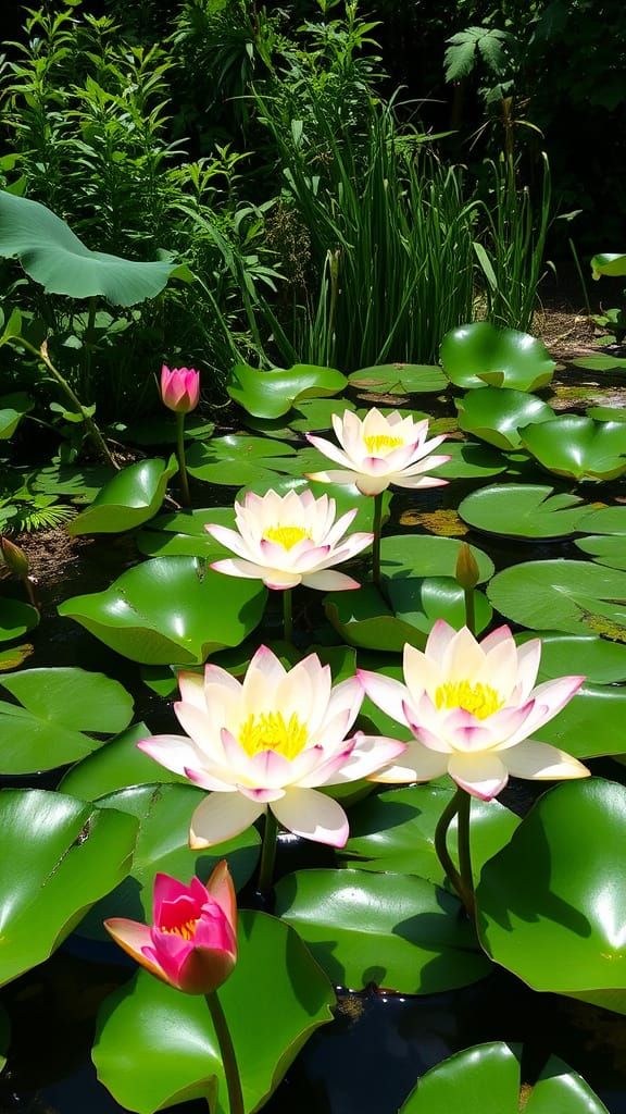 Surreal Lotus Blooms in Serene Water Garden