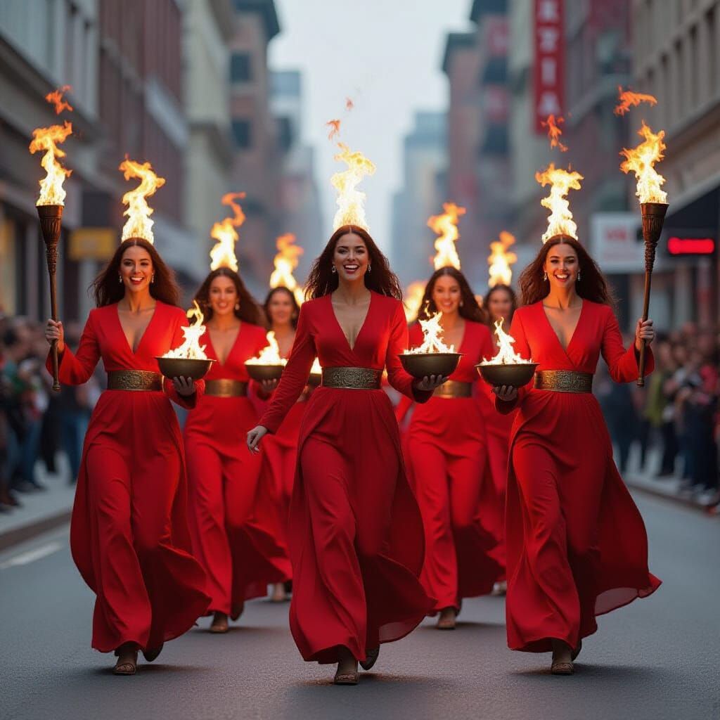 Dynamic Fire Goddesses in Cityscape