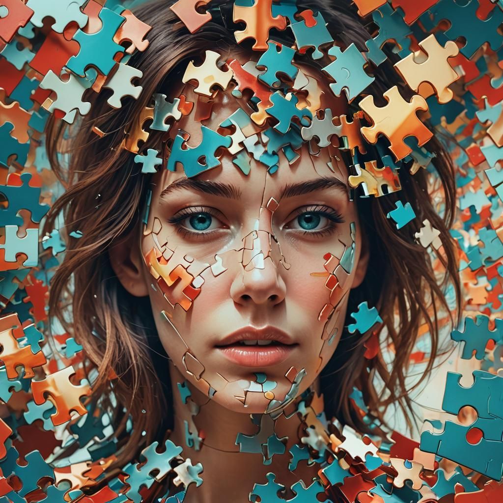 Fragmented face of a beautiful woman, composed of irregular ...