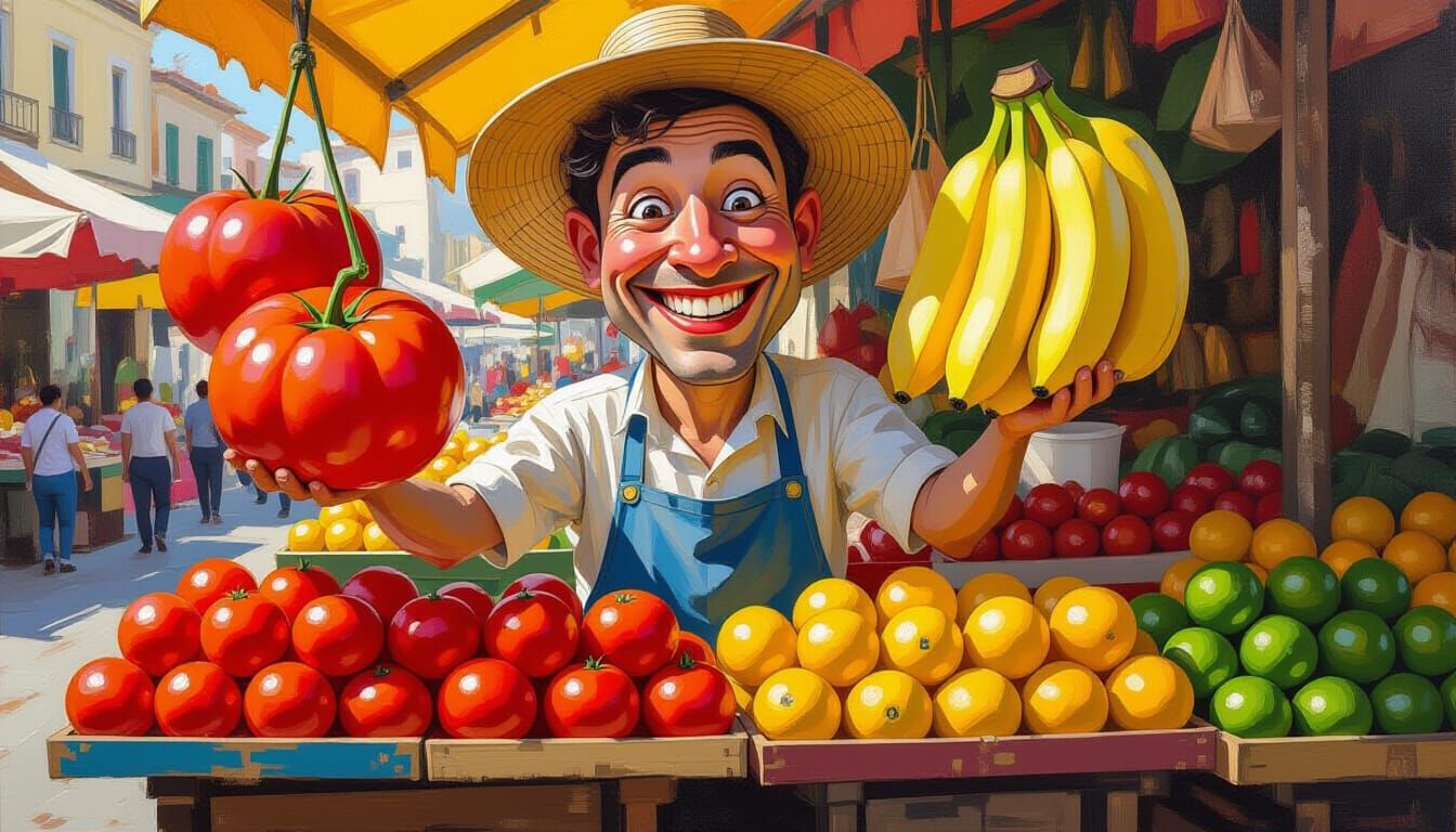 Comical Vendor Caricature with Giant Produce