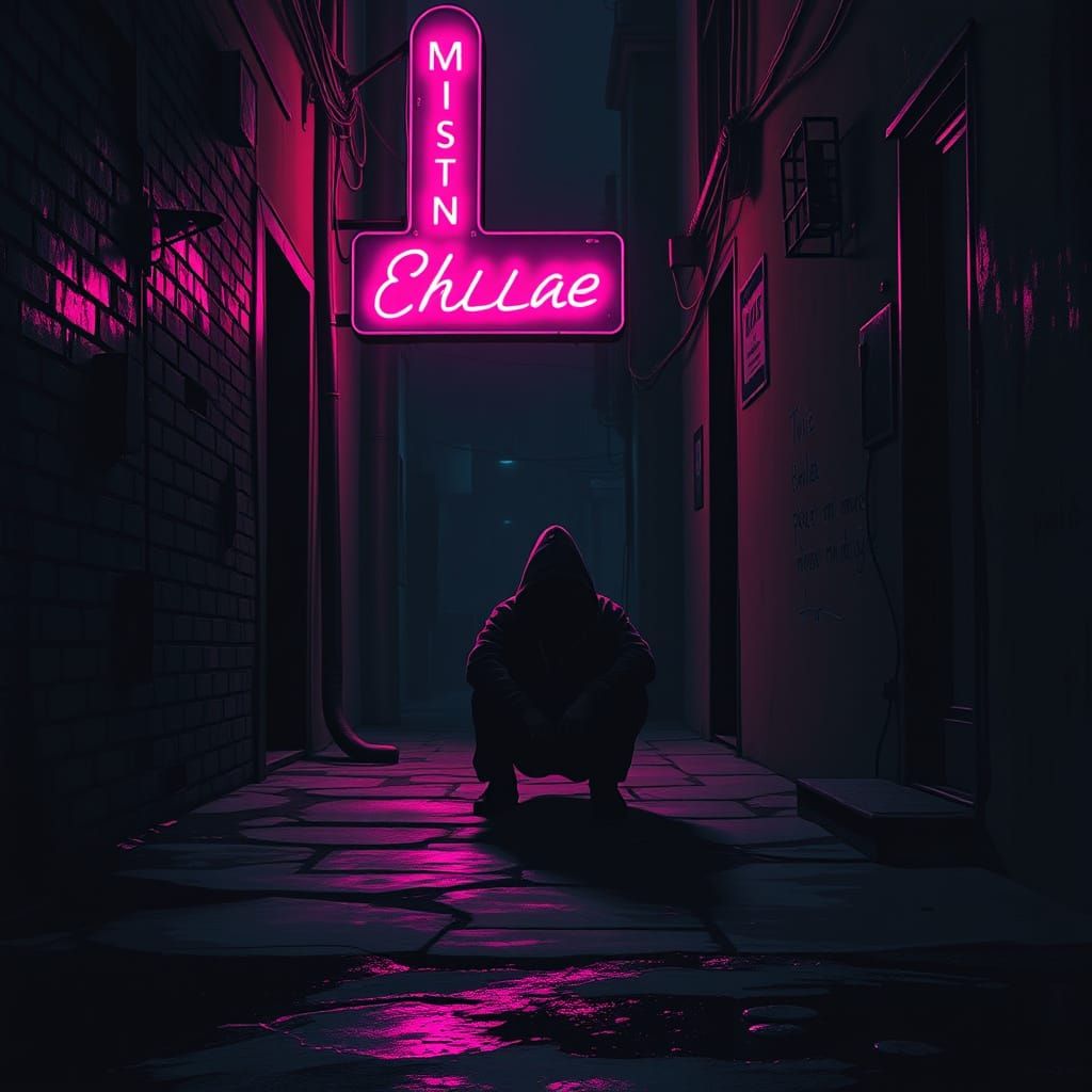 Hooded Figure in Neon Alley, Noir Style