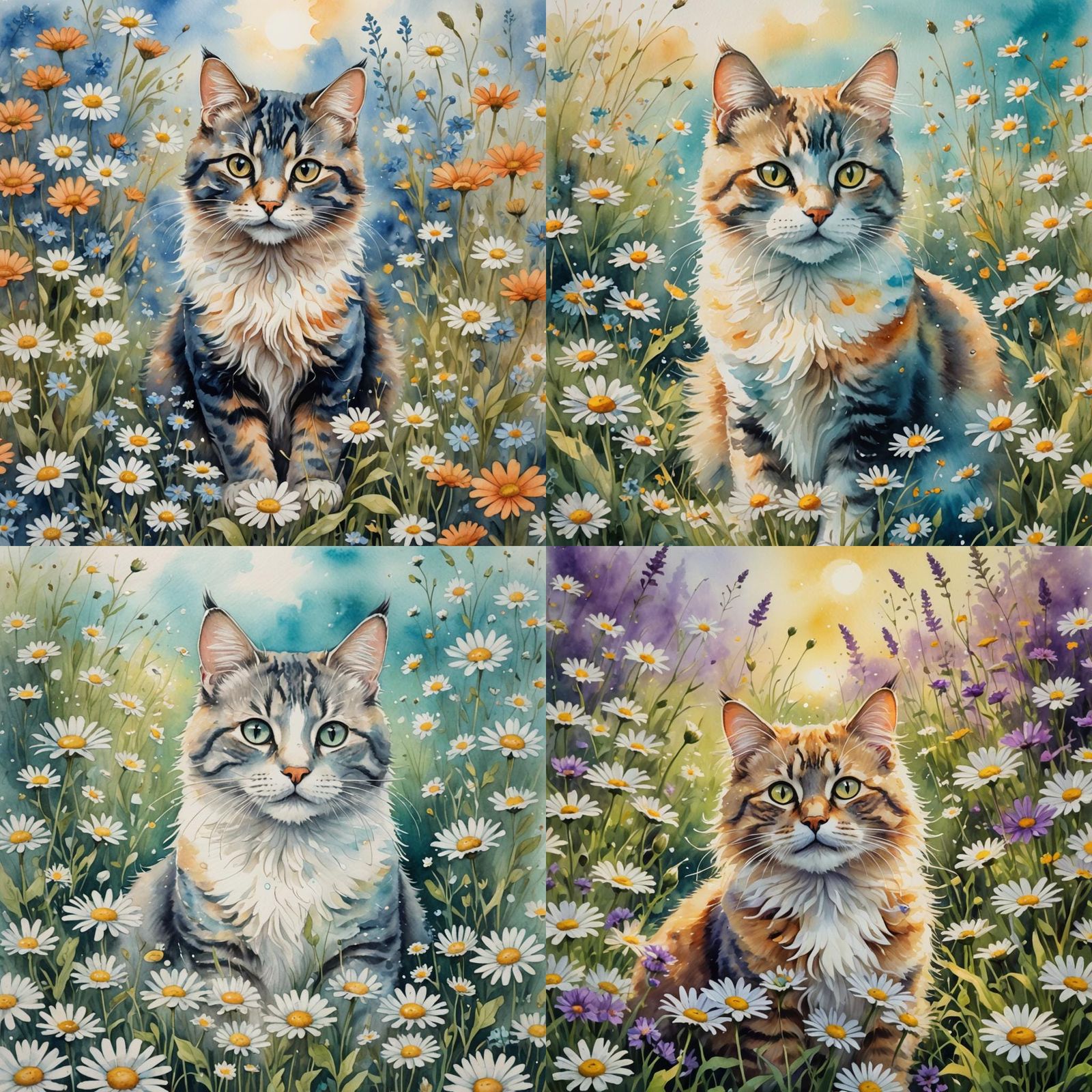 Pretty Cat in Daisy Meadow: Watercolour Painting