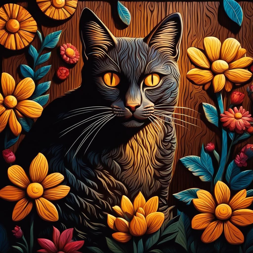 Wood Carved Cat in Sunny Garden